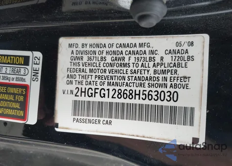 2008 Honda Civic Ex из США, поврежденный, VIN 2HGFG12868H563030